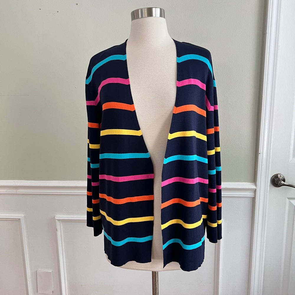 Striped Cardigan Womens XL 3/4 Sleeve Open Front Navy Blue Rainbow Vivid